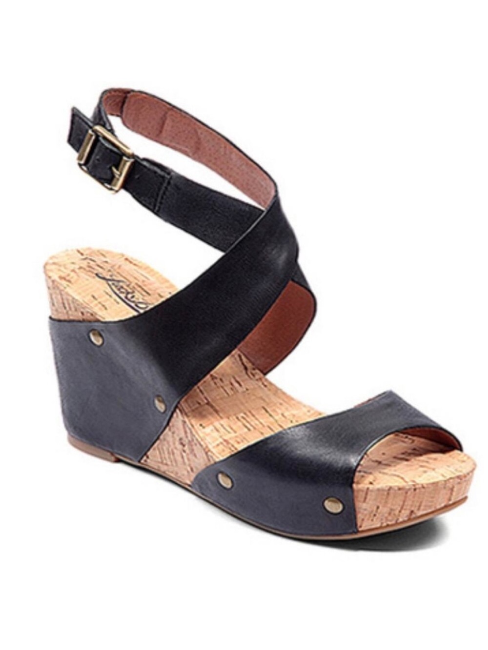 Lucky Brand Moran Platform Sandal Cork Wedge Black Leather